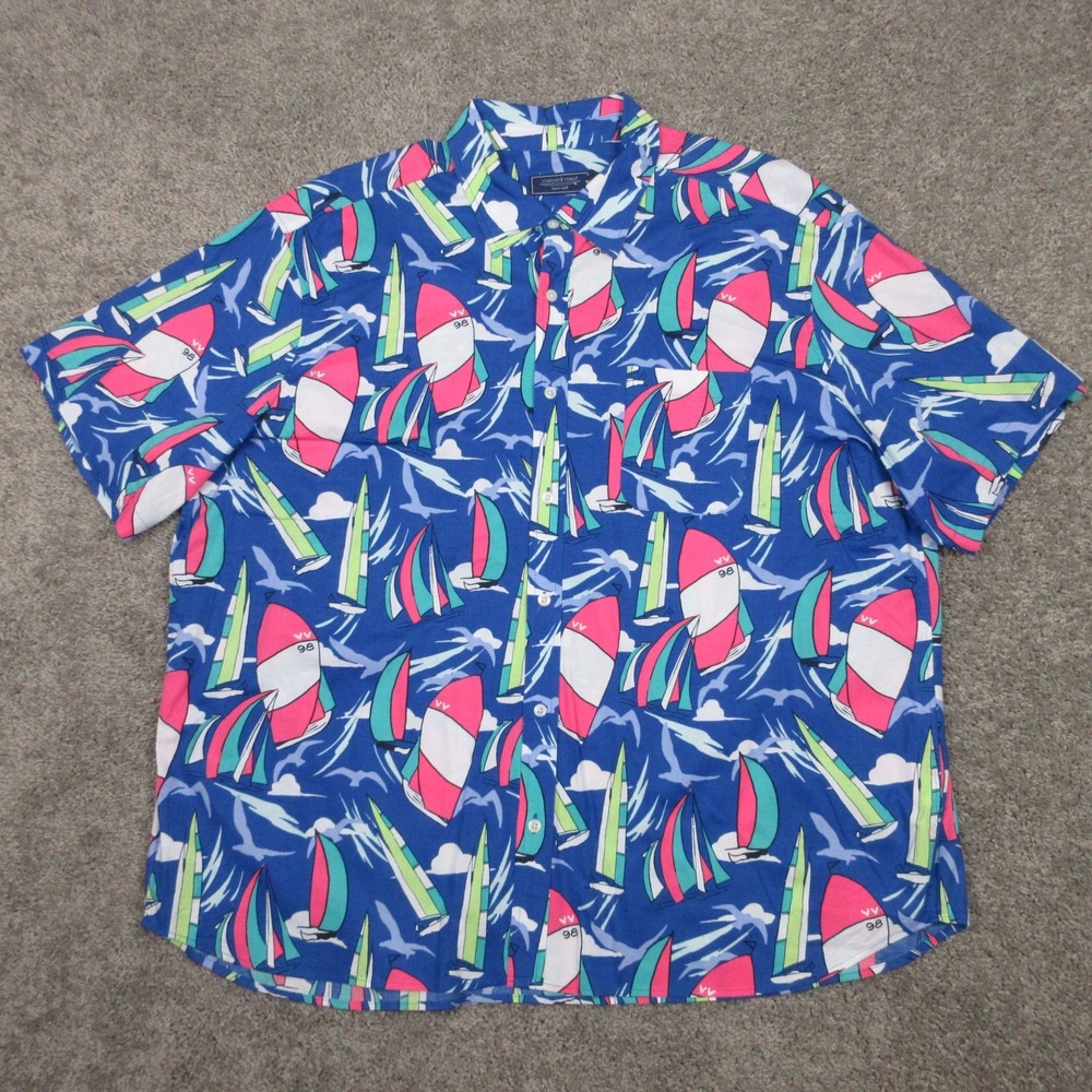 Vineyard Vines Shirt Mens 2XL Blue AOP Graphic Sailing Boats Nautical Button Up